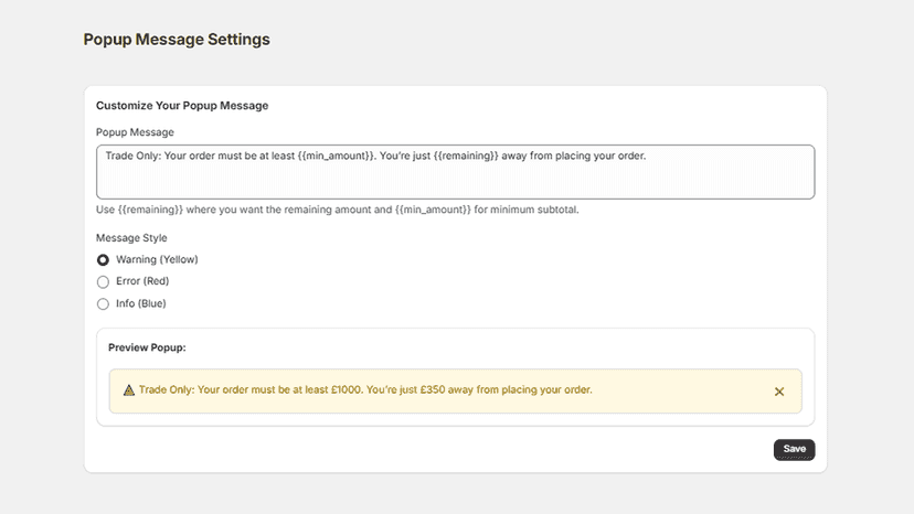 Popup message setting page