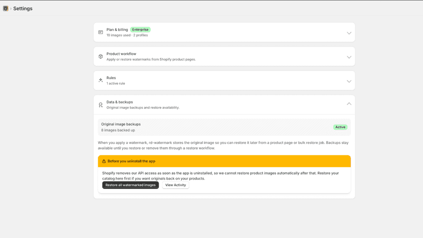 Shopify App Settings for RD Watermark showing Data and Backups