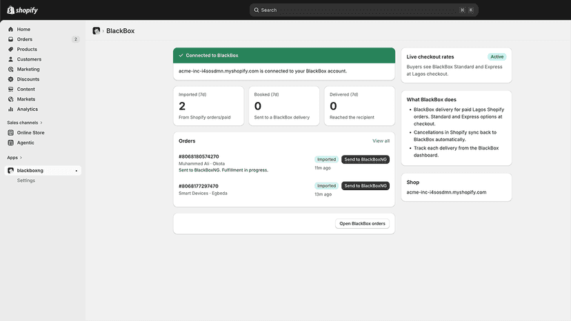 BlackBoxNG connected dashboard with order stats