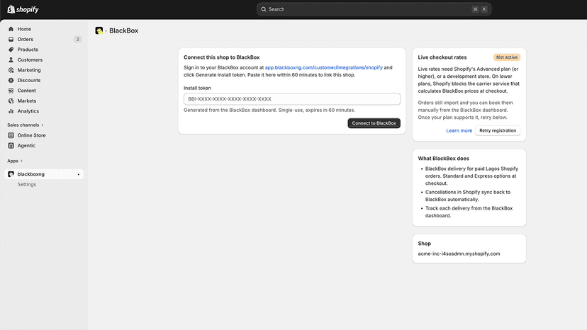 BlackBoxNG app install screen inside Shopify admin