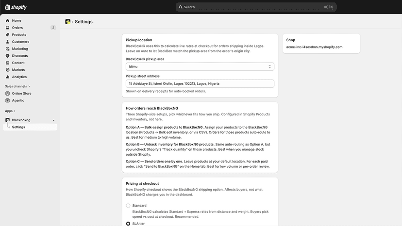 BlackBoxNG settings page showing pickup area and auto-book toggl