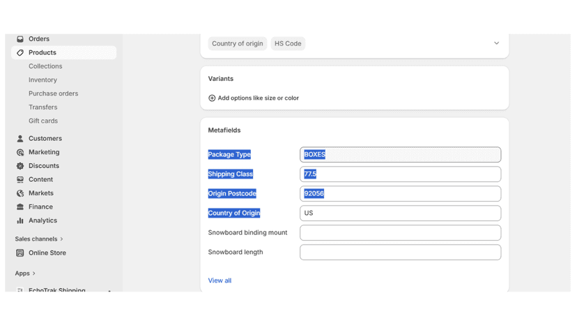 Shipping Product Edit Page