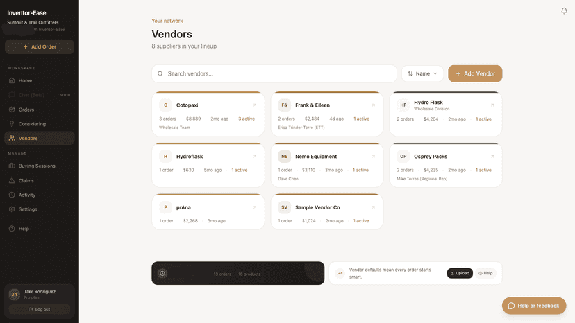 Vendor hub showing brand order context