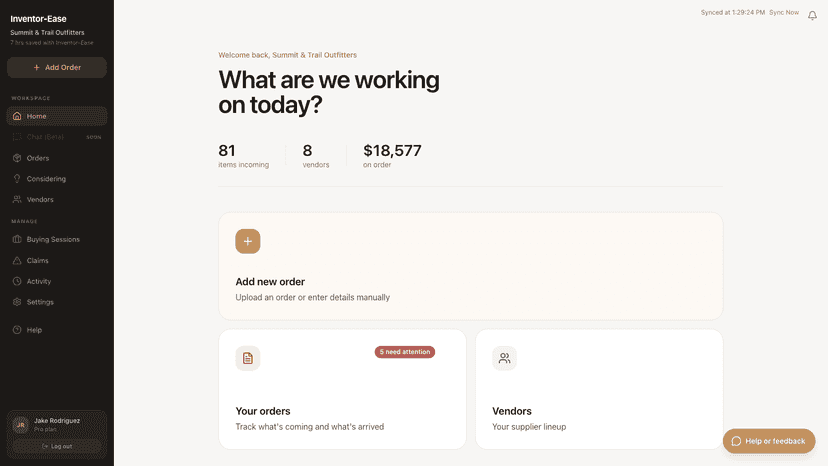 Dashboard showing incoming vendor orders
