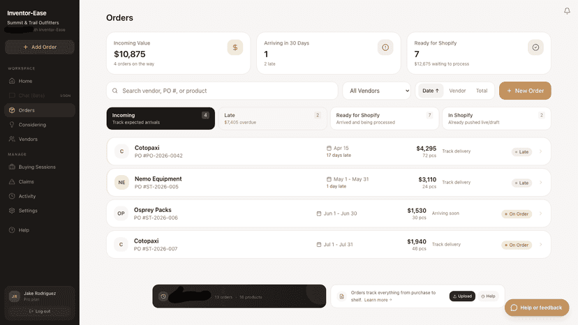 Orders board for tracking incoming inventory