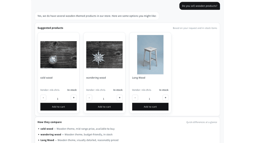 AI chat recommending products with add-to-cart buttons