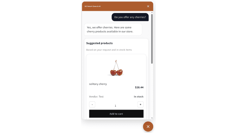 Floating chat bubble showing AI product recommendations