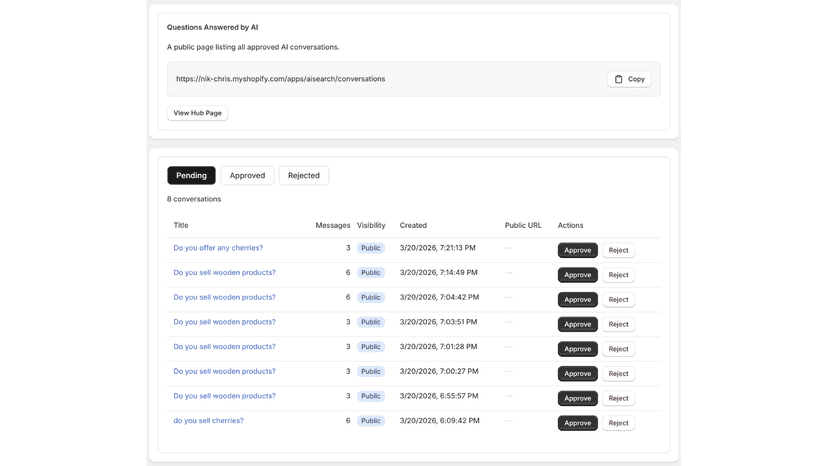 Admin dashboard to approve conversations for public SEO pages