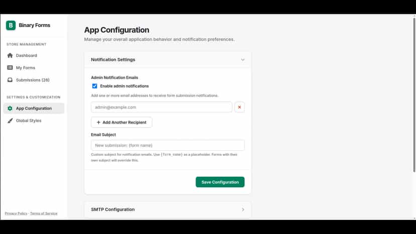 Form submissions table with filters and entry preview details