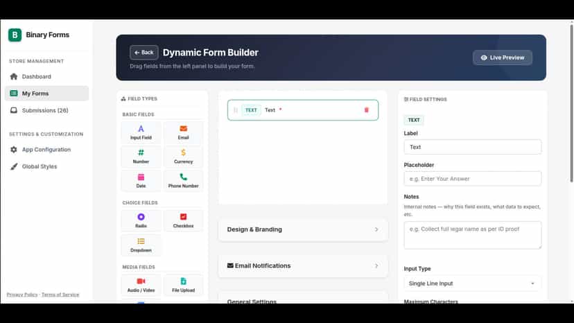 QuickForms dashboard showing form list and submission counts