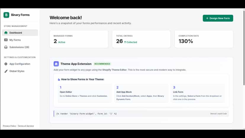 Dashboard overview with stats and form integration options