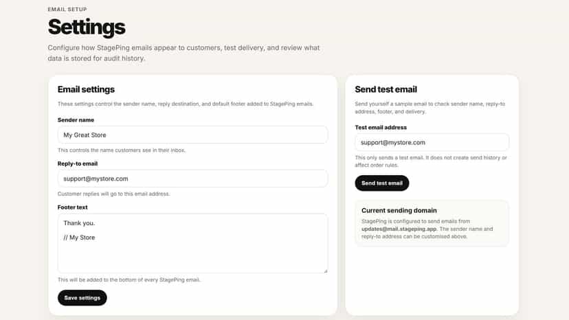 StagePing settings page showing sender name, reply-to email.