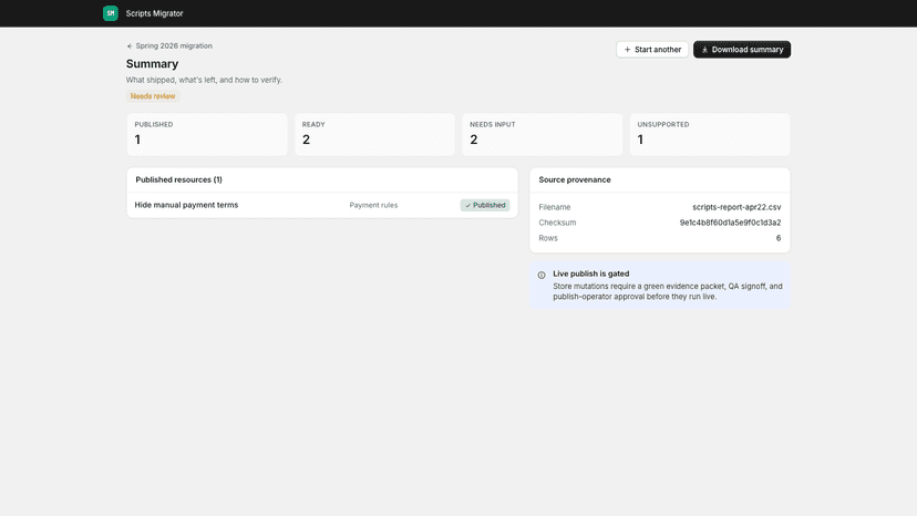 Shopify Scripts migration summary with audit provenance