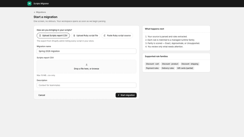 Upload Shopify Scripts CSV or Ruby to start migrating