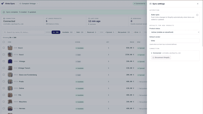 Screenshot of Vinto Sync with settings