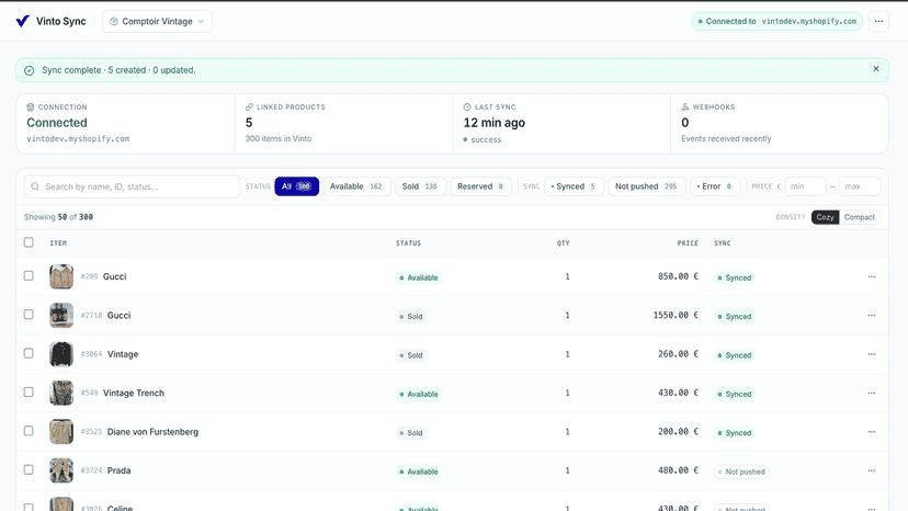 Screenshot of Vinto Sync dashboard