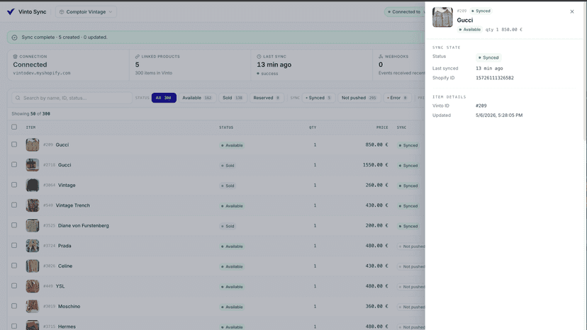 Screenshot of Vinto Sync with item card