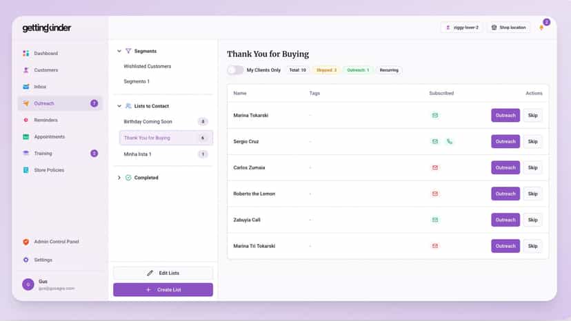 Lists to get in touch and tasks assigned by Store Associate