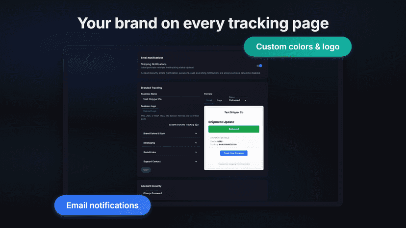 Branded tracking page with custom logo colors and alerts