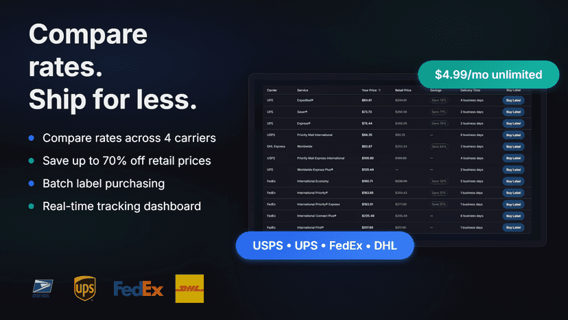 Shipping Cost Calculator hero showing rate comparison across USP