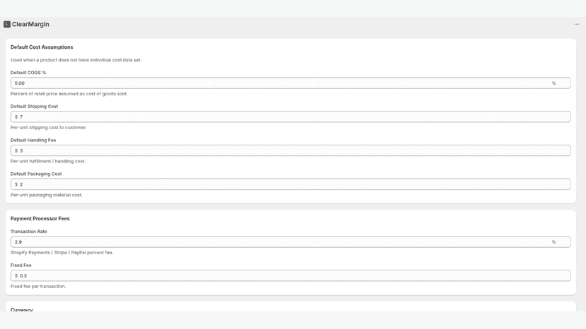 Default cost settings and payment processor fee configuration