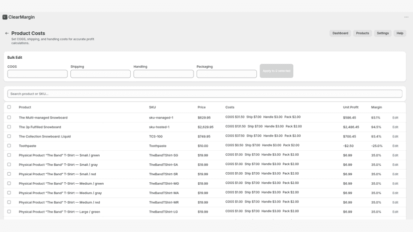 Product cost management with bulk edit and margin display