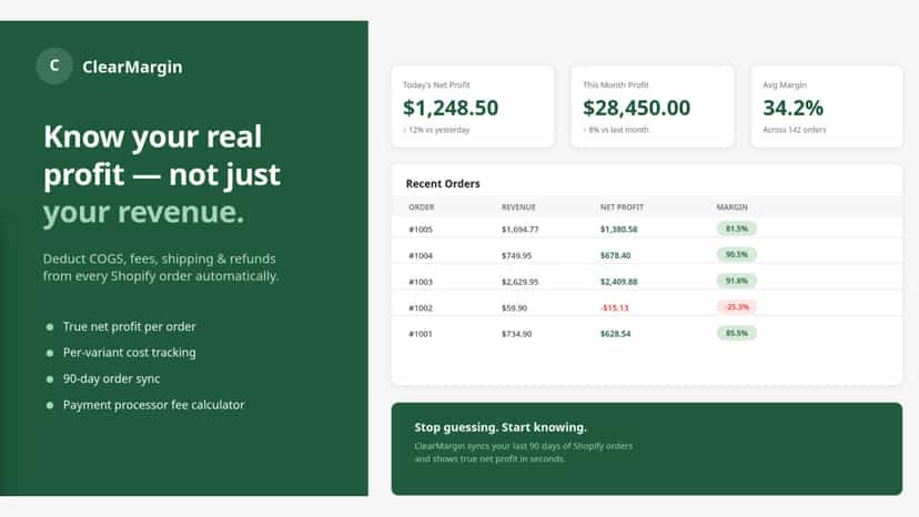 ClearMargin dashboard showing net profit per order and top produ