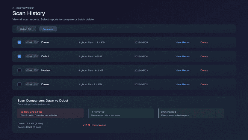 Scan history with checkbox selection and comparison view
