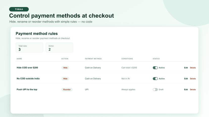 App dashboard listing payment rules with active toggles