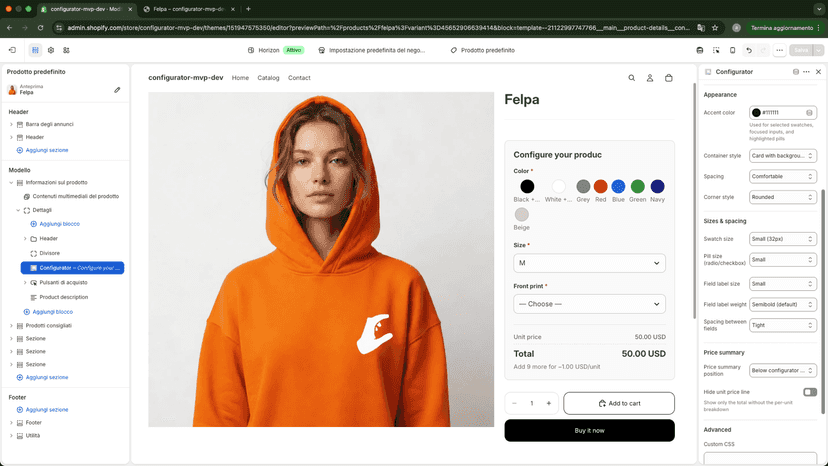 Theme editor settings to customize the storefront block