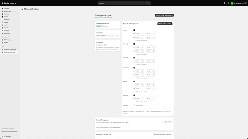 Öffnungszeiten Sync Dashboard mit Google-Verbindungsstatus