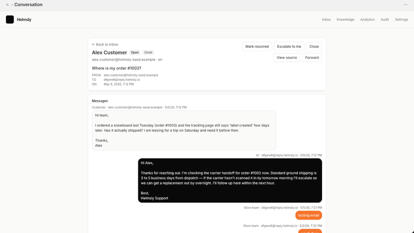 Email thread with AI-generated response and audit trail