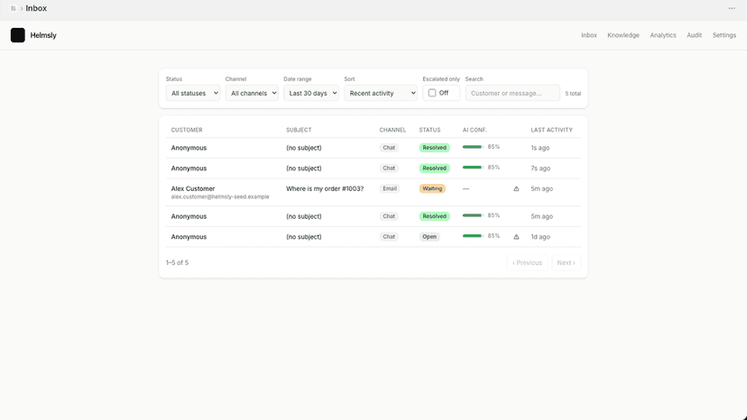 Helmsly merchant inbox showing AI-handled customer conversations