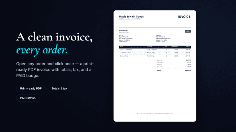 Print-ready PDF invoice with totals, tax, and PAID badge