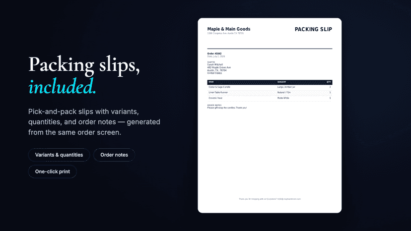 Packing slip with variants, quantities, and order notes