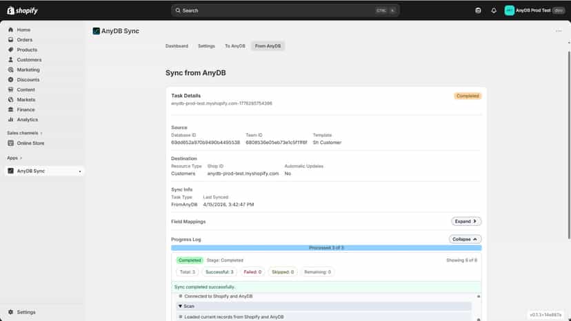 Sync from AnyDB to Shopify