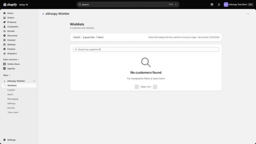 Wishlists admin with saved products
