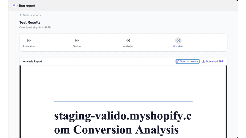 Valido test results page showing a completed run with exploratio