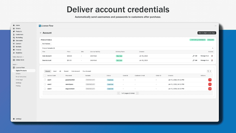Deliver usernames and passwords automatically after purchase