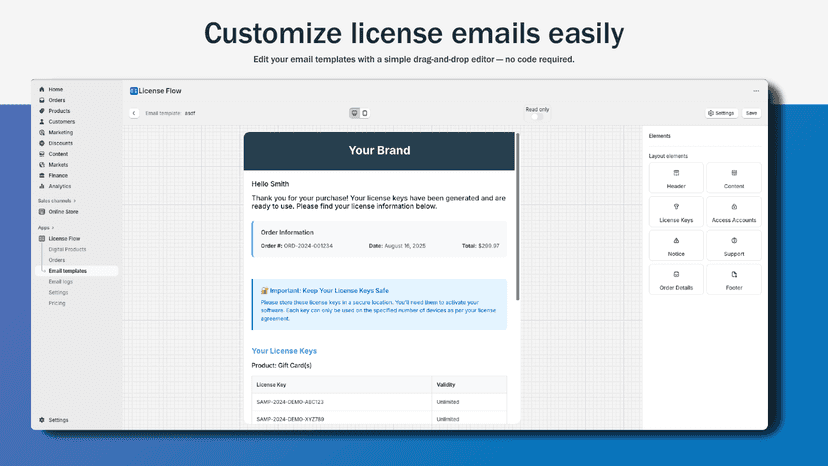 Customize license emails with a simple drag-and-drop editor