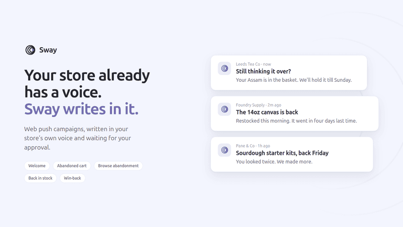 Three push notifications, each in a different store's voice