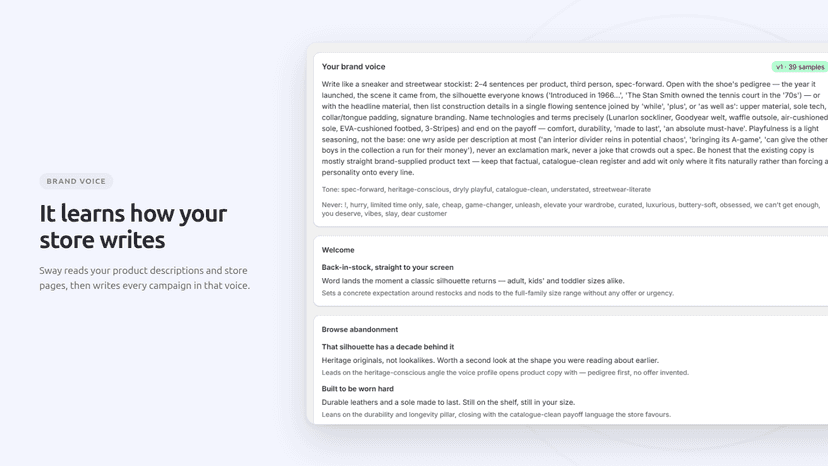 Sway's brand voice profile, learned from the store's own copy