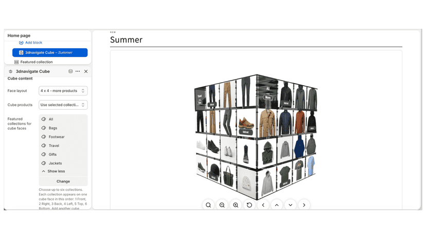 Theme editor settings to select collections and cube face view