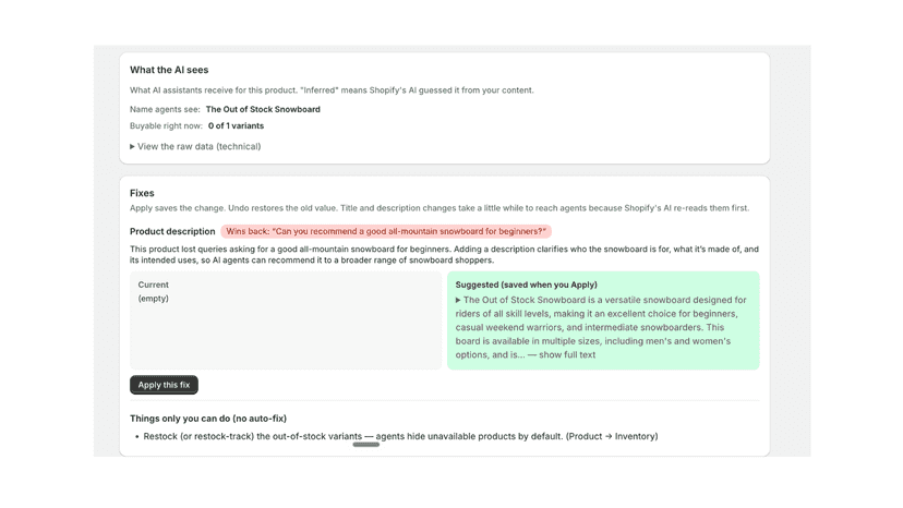 Product comparison showing improved title and description after.