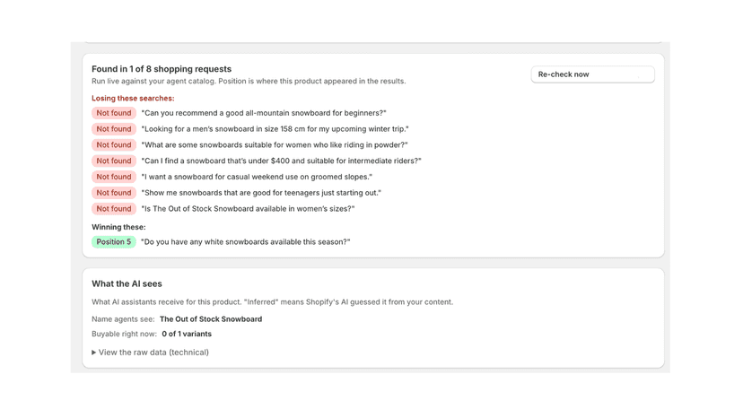 Suggested product copy improvements with a button to apply them.