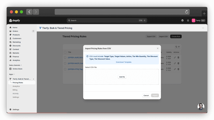 Tierfy bulk csv import