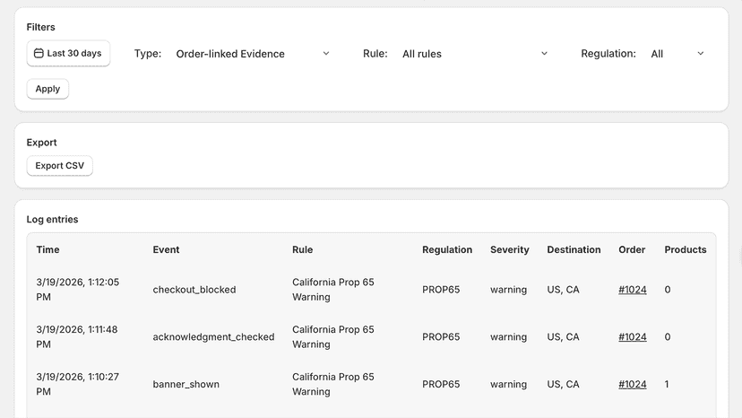 Checkout logs with compliance events and filters