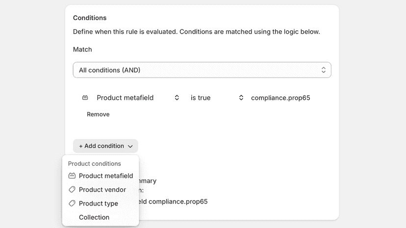 Rule conditions builder with product metafield logic
