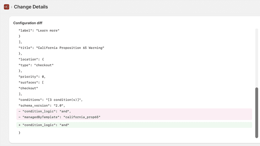 Rule history showing configuration changes