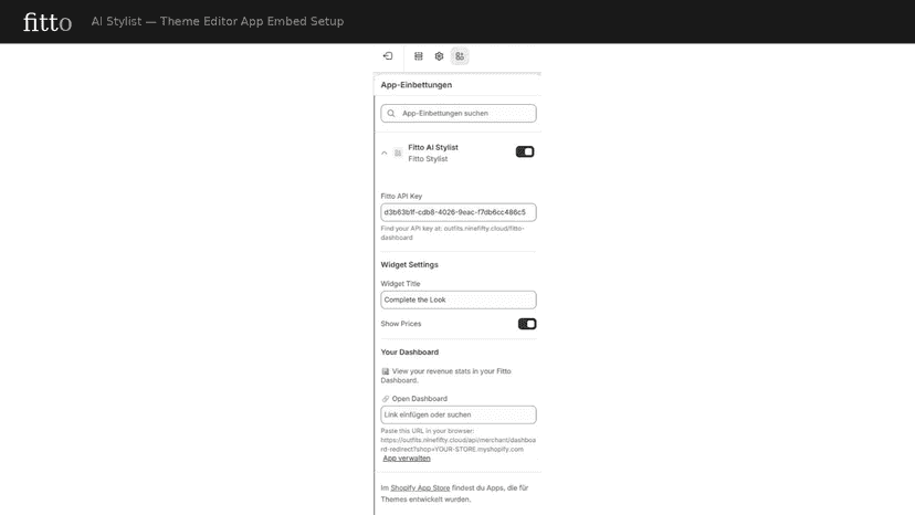 Fitto AI Stylist app embed settings in Theme Editor